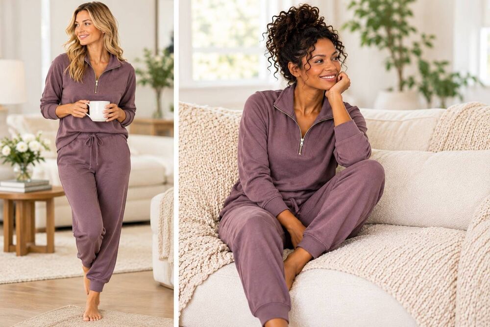 Softies Womens Two Piece Mauve Quarter Zip Jogger Lounge Set Medium
